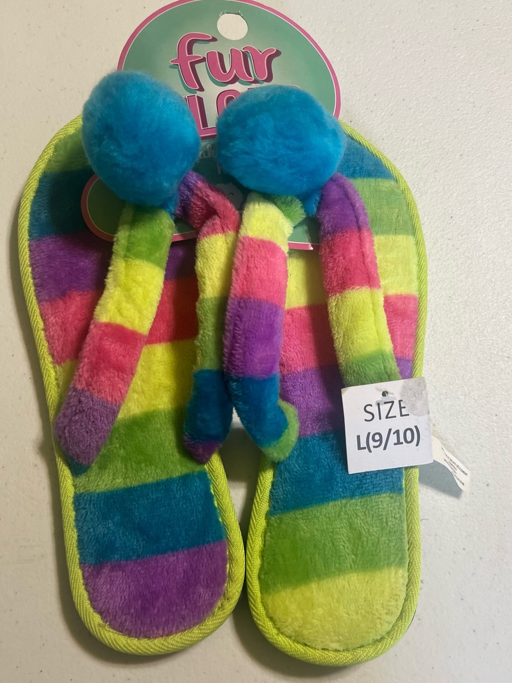 Fur Flops House Slippers Women’s Large 9/10 Teal, Lime, Multi Stripe NWT